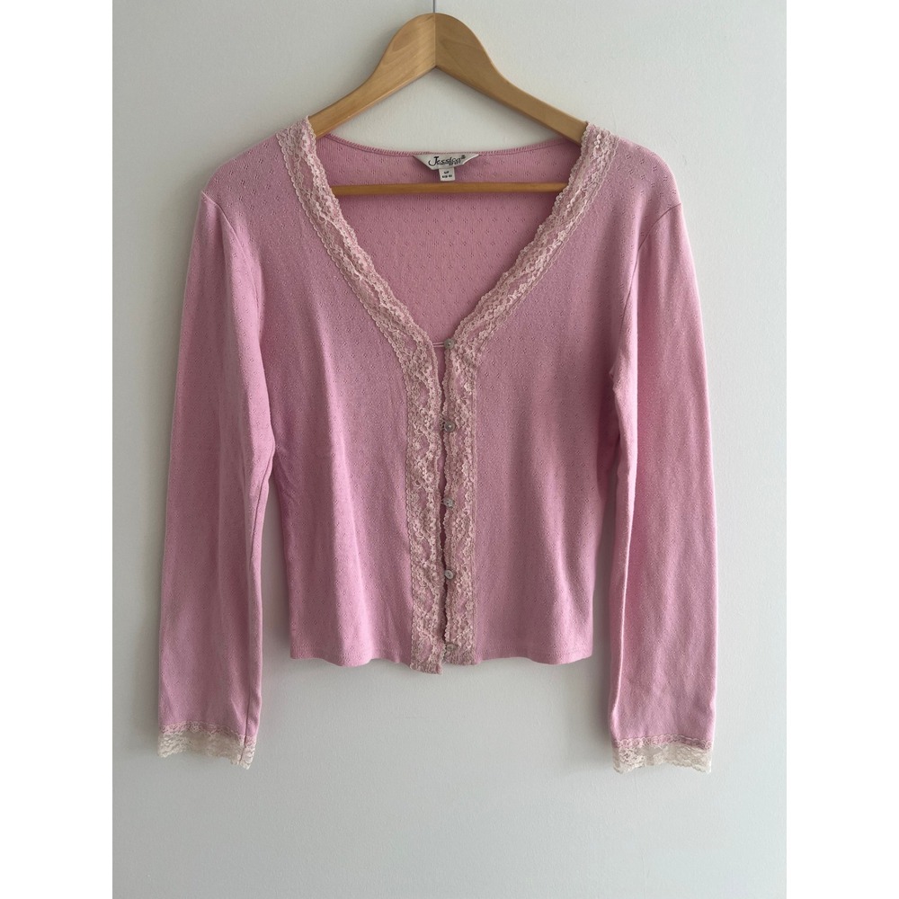 Vintage Jessica Sport Pink Lace Cropped Cardigan Y2K Coquette Romantic Ballet